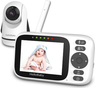 Дитячий відеоняня HelloBaby з камерою, поворотна, нахилена, з функцією зуму, 3.2'' IPS екран, 2-сторонній аудіо, інфрачервона нічна зйомка, ECO, без Wi-Fi, датчик температури, 8 колискових, HB6339