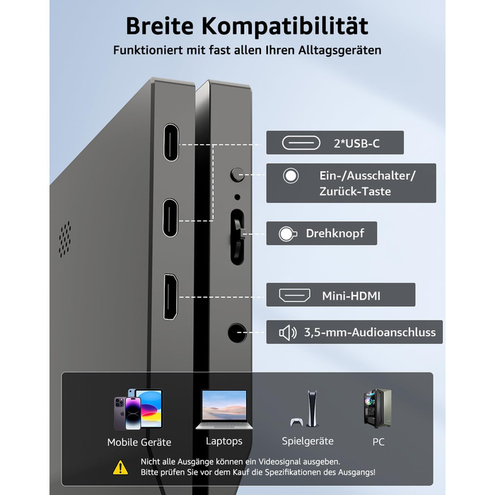 Портативний монітор Yodoit 15.6 дюймів: IPS дисплей FHD 1920x1080, USB-C та HDMI, вбудовані динаміки, захист зору для ПК, ноутбука, Xbox, PS3/4/5, Switch та TV. Чорний колір