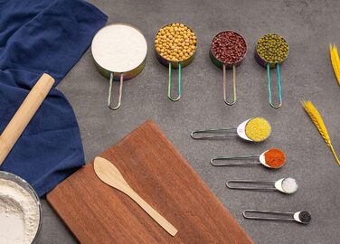 WELLSTAR Measuring Cups and Spoons Set, 4 Measuring Cups & 4 Measuring Spoons, with Stainless Steel Handles for Kitchen Cooking Baking, 8-Piece Set, Measuring Spoon Set for Dry and Liquid Ingredients