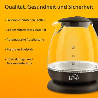 Скляний електрочайник T24 79020 з LED-підсвіткою, 1.7 л, 2200 Вт, захист від випаровування, без BPA