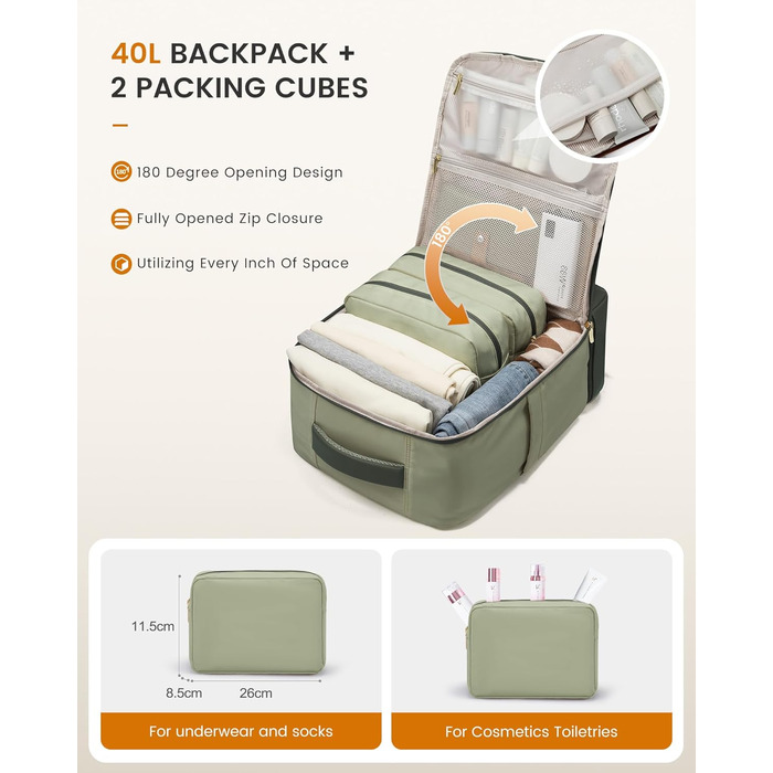 LOVEVOOK Рюкзак для ручної поклажі 40L з окремим відділенням для взуття, жіночий, для подорожей (3 шт.) Бежевий, Зелений