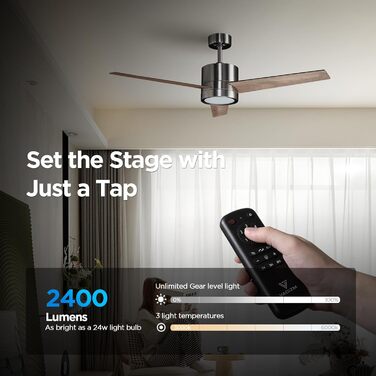 Стеляний вентилятор з підсвіткою для спальні: 132 см, тихий вентилятор з пультом керування, ідеально для вітальні, горіх, 6 швидкостей та трикольорові диммери – 220-240V