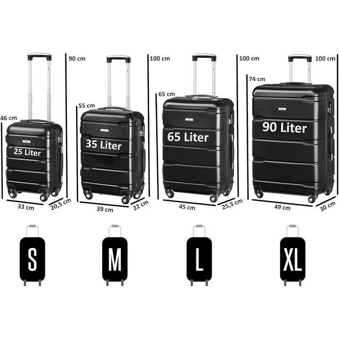 Набір валіз Zelsius 4 шт. чорного кольору | ABS, з кодовим замком, 4 колеса, внутрішній роздільник | Валізний набір 4 шт., Trolley, велика валіза, Luggage Set, ручна валіза чорна 4 шт.