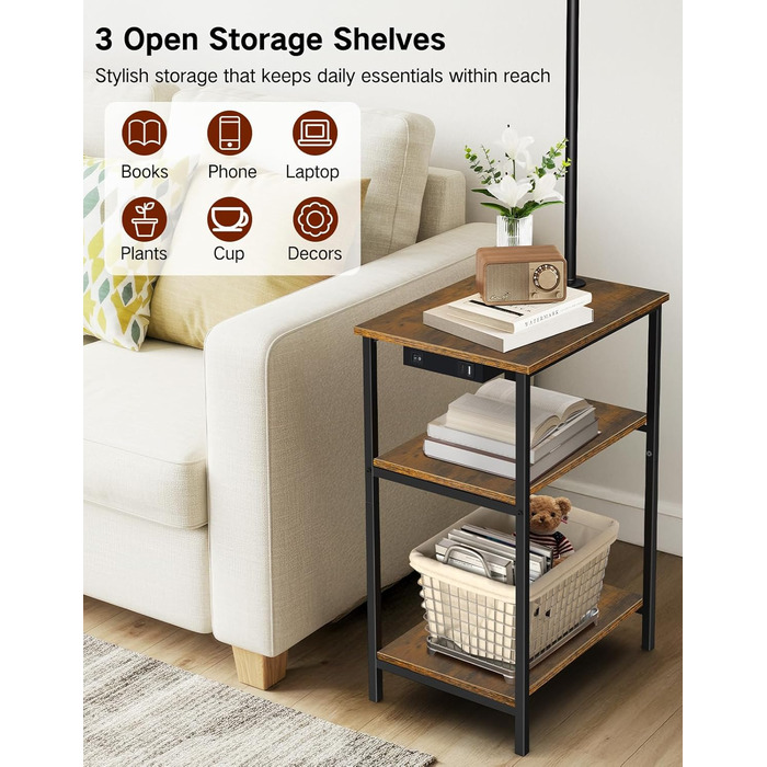 Стійка лампа для вітальні з поличкою та столом, регульована LED лампа з пультом, 3 колірні температури, приліжний столик з функцією зарядки та полицею, дерев'яний столик для спальні, офісу, коричневий в стилі рустік