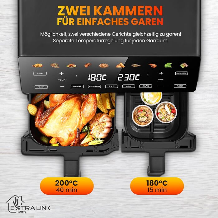 Фритюрниця Extralink 1400W з гарячим повітрям, 4.2L, 10 функцій приготування, LED-дисплей, економна, 90% менше жиру