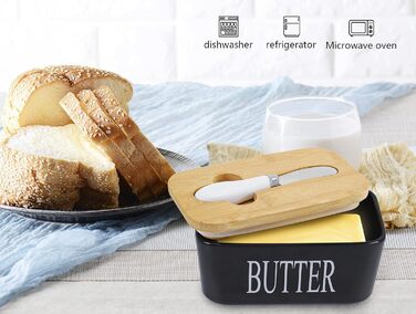 Porcelain butter dish with lid, airtight silicone butter keeper for butter, nuts, cheese, plus butter spreader.
