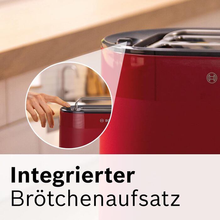 Тостер Bosch Kompakt MyMoment TAT2M124 з підігрівом для тостів, підігрівом для бутербродів, функцією розморожування, автоматичним вимкненням, підйомом, центруванням хліба, червоний матовий, 800 Вт