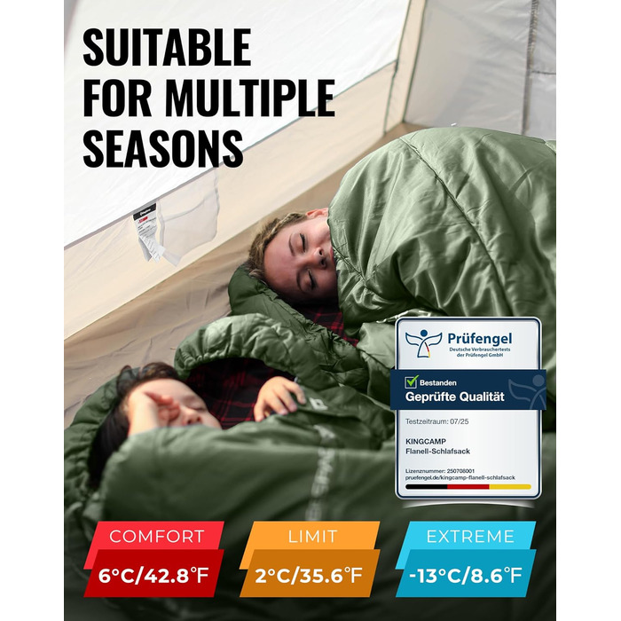 Сплячий мішок KingCamp XXL з бавовни фланель для дорослих, великий розмір, теплий, зимовий, для кемпінгу, подорожей та активностей на природі, 4-сезонний, 220x100 см, класичний оливковий колір