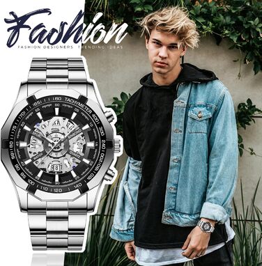 Чоловічий годинник з датою, свідодіодами, 3ATM, водонепроникний, з імітацією механічного, з нержавіючої сталі, аналоговий кварц, з календарем, тахіметром, з підсвічуванням стрілок, подарунок для чоловіків, срібний