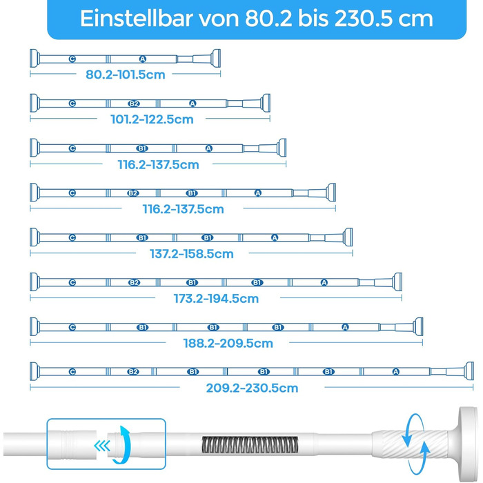 Штанга для штор без свердління AIZESI, 100-230 см, Ø 25 мм, телескопічна, для вікон, душу, балкону (біла)