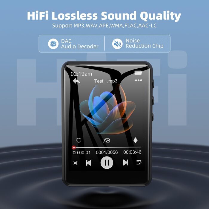 MP3-плеєр 64GB Bluetooth 5.3 з сенсорним екраном 2.4' та динаміком, запис голосу, FM-радіо, Line-in, для дітей, чорний