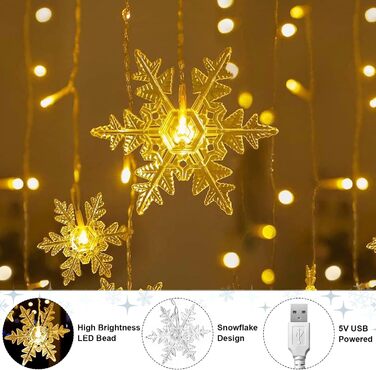 Ланцюжок LED-ліхтарів 2x2м, 200 LED, USB, тепле біле світло, для декору стін, кімнат, вечірок, весіль, Рамадан, Різдво (сніжинки)