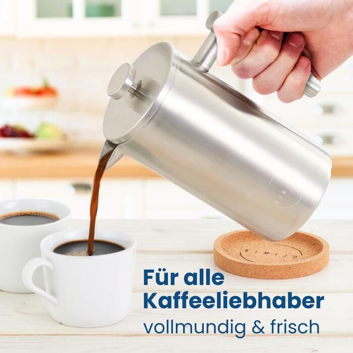 Френч-прес 600 мл з нержавіючої сталі, з підігрівом, 3 фільтри, пробка-підставка, для миття в посудомийній машині, преміум-якість, двостінний, срібний