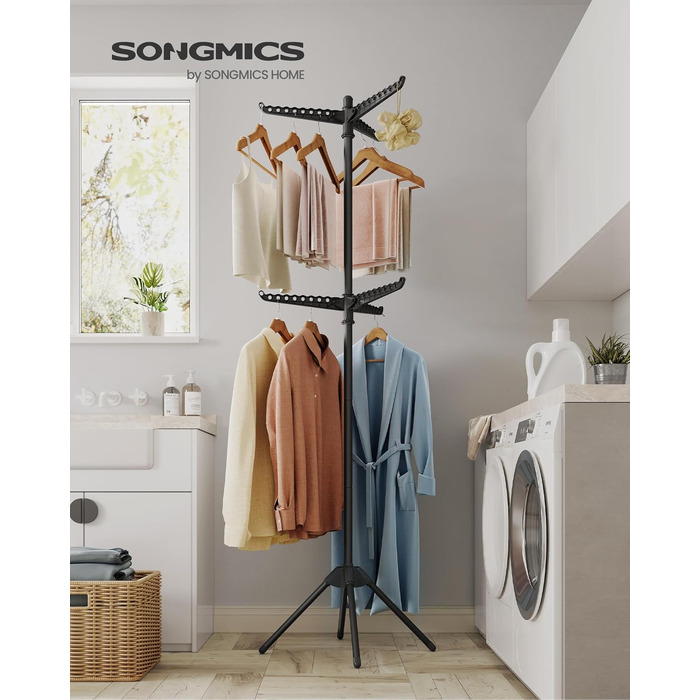 Сушарка для білизни SONGMICS BUNJI LLR510W01V1, складана стійка з нержавіючої сталі з 3 поворотними рукавами для маленьких приміщень та кемпінгу, чорна, 60x60x191 см