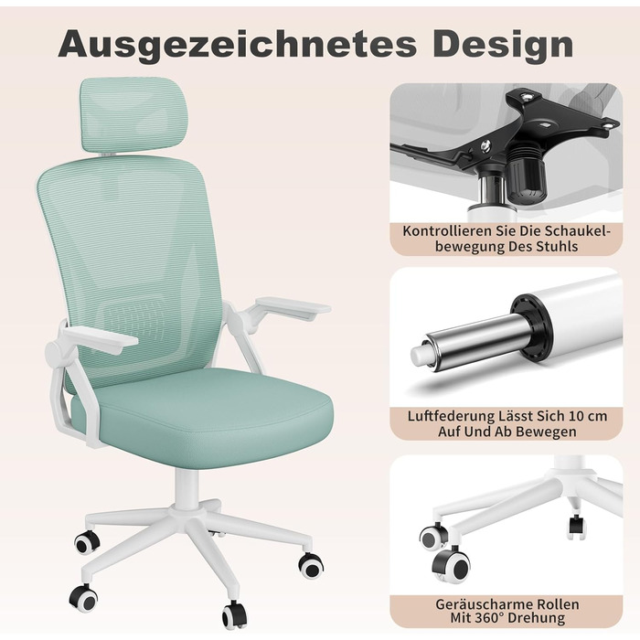 Офісний стіл Naspiro Bürostuhl: ергономічний стілець з сітчастою спинкою, підтримкою попереку, м'яким сидінням та регулюванням висоти. Кольори: сірий (зелений), з підголівником. Для дому та офісу.