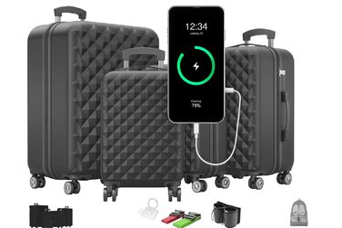 Преміум набір валіз 4 шт. з жорстким корпусом, TSA-замком та USB-портом – Плюс ваги для валіз, ремені, адресники, тримач для напоїв, чохол для взуття, захисні чохли (Чорний)