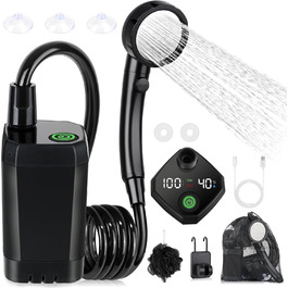 Spopal Camping Shower Portable, [6000mAh] Camping Shower with Pump and Temperature Indicator, Camping Shower Outdoor Set with Shower Head and 2M Hose for Garden, Car Washing, Beach, Travel, Pet (Black)