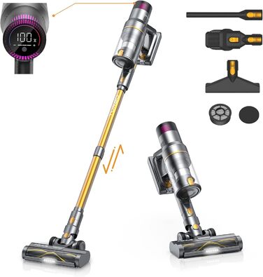 Бездротовий пилосос Aonus 55Kpa з акумулятором, Smart-дисплеєм, 75 хвилин роботи, автоматичним режимом для килимів, шерсті тварин та твердих поверхонь (жовтий)