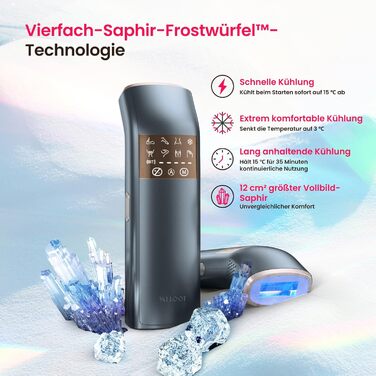 Прилад для епіляції IPL з потрійним імпульсом, 12 см², охолодження сапфіровим льодом, для жінок та чоловіків, 3°C, безболісна та довготривала епіляція вдома, для обличчя, зони бікіні та паху, блакитний