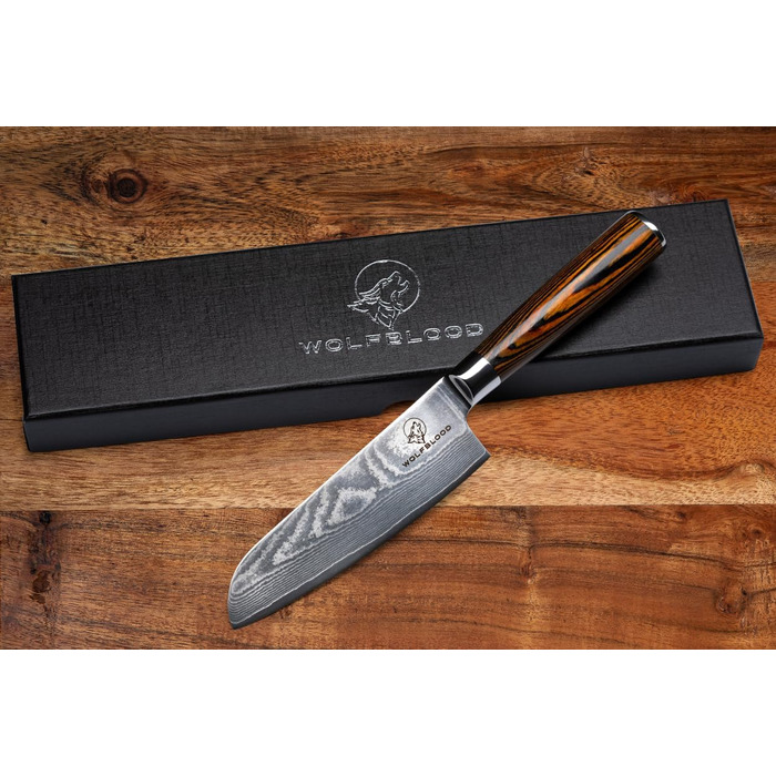 Ніж Santoku з дамаської сталі Wolfblood (24 см) – професійний кухонний ніж з 67 шарів дамаської сталі, дерев'яною ручкою, подарункова коробка та захист леза