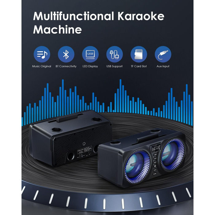 Караоке система All-in-One з Bluetooth, 2 мікрофонами та акустикою 30W, PA система для вечірок (Чорний)