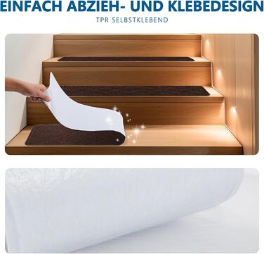 Килимок на сходи, антиковзаючий, 20x76 см (15 шт.), килим-прогун для сходів, багаторазовий клей для всіх чистих, гладких сходів, захисна килимова стрічка для дітей, (Коричневий)