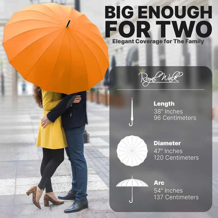 Гольф-парасолька Royal Walk XXL 54 дюйми (140 см) для 2 особи, штормстійка, легка, класична, дерев'яний руків'я, 16 ребер, унісекс (Помаранчевий)