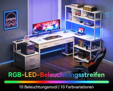 Комп'ютерний стіл Coleshome L-подібний з 5 шухлядами та 4 полицями, 180×100 см, з LED-підсвічуванням, розетками та USB, для дому/офісу, білий