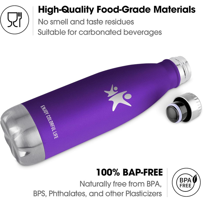 Термос-пляшка KollyKolla з нержавіючої сталі 500мл/750мл/1л, без витоку, ізольована, для дітей, спорту, школи, фітнесу, подорожей, кемпінгу (500 мл, нова | Темно-фіолетовий)