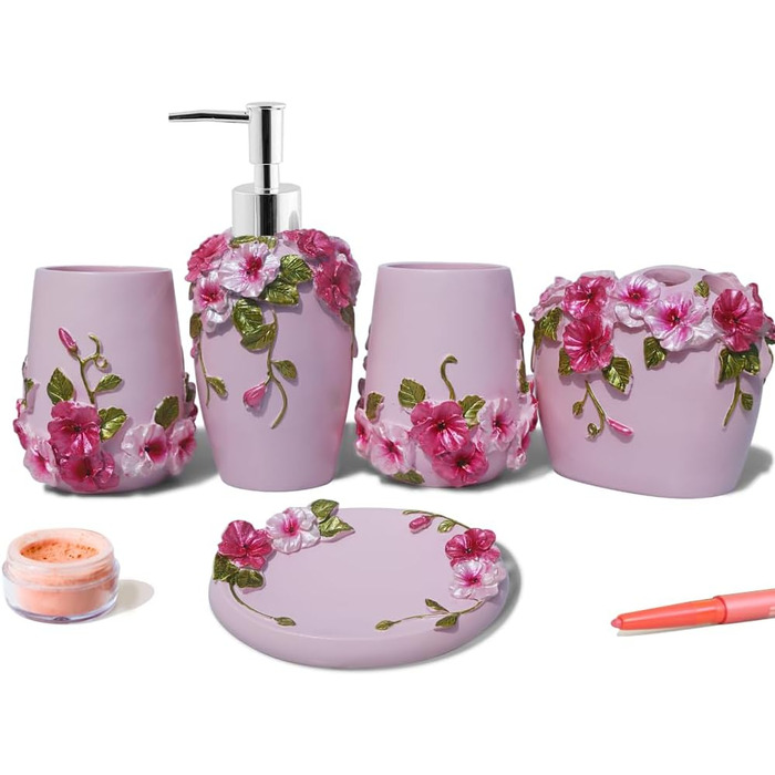LUANT Bathroom Accessories Set, 5-Piece Bathroom Gift Set with Soap Dispenser, Pump, Toothbrush Holder, Cup, and Soap Dish, Durable Bathroom Set Decoration Ideas (Light Pink Color)
