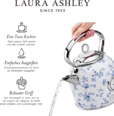 Laura Ashley Elveden Wireless Electric Kettle - 1.7L Stainless Steel, 2.2kW Fast Boil, Temperature Display & Overheat Protection