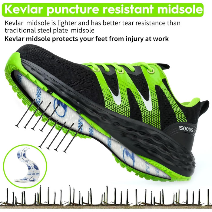 Черевики робочі ISOOUS для чоловіків та жінок. Безпекові черевики з металевим носком, неслизькі, дихаючі, спортивні (43 EU, Зелений)