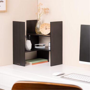 Navaris Acacia Desk Organizer 64x15.5x40 - Desk Shelf Organization System Adjustable - Corner Shelf for Kitchen Office Bathroom Shelf Attachment - Natural (Black)