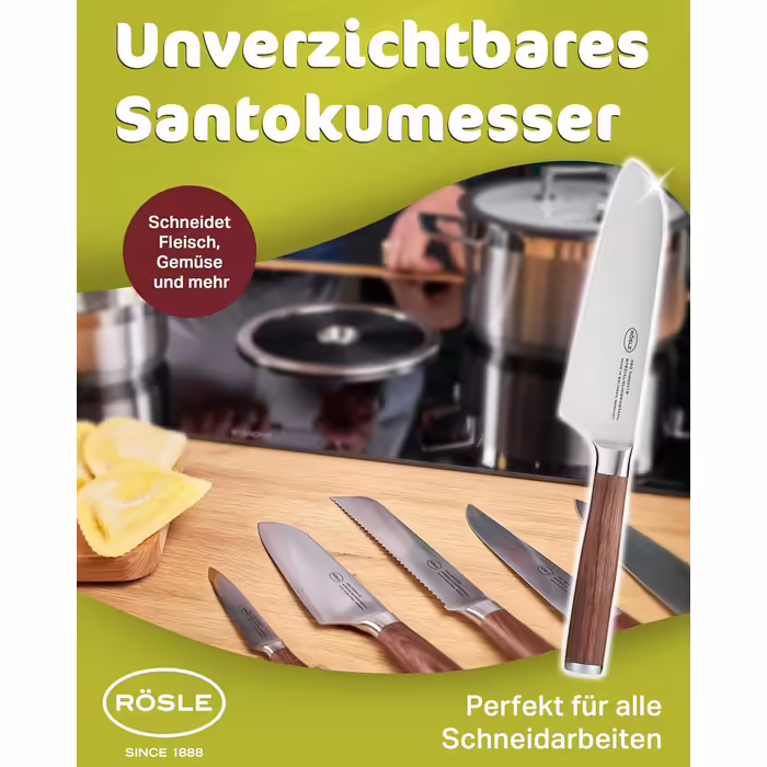 Кухонний ніж Santoku RÖSLE Masterclass 17 см, сталь, дерев'яна ручка, для м'яса, риби та овочів