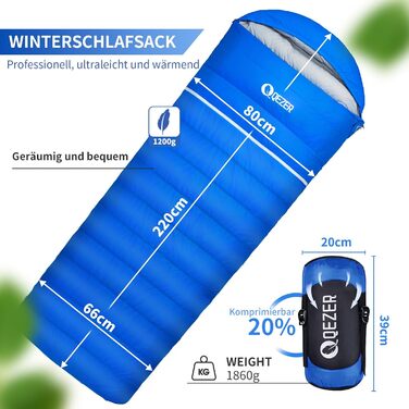 Сплячий мішок пуховий, 4-сезонний, зимовий -3°C до -20°C. Підходить для кемпінгу, походів та відпочинку на природі для дорослих та дітей. Колір: блакитний. Температурний режим: -3°C до -12°C