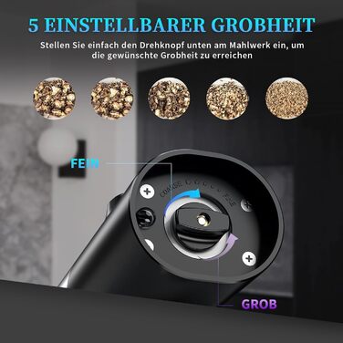 Electric Salt and Pepper Grinder Set, Rechargeable, USB Charging Station, Automatic Pepper and Salt Grinder Spice Grinder Refillable, One-Hand Operation, Adjustable Coarseness, LED Light