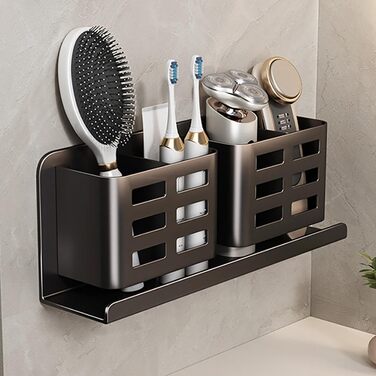 Тримач для зубних щіток на стіну без свердління, алюміній, чорний колір, самоклеюча кріплення для зубних щіток, пасти, бритви та гребеня