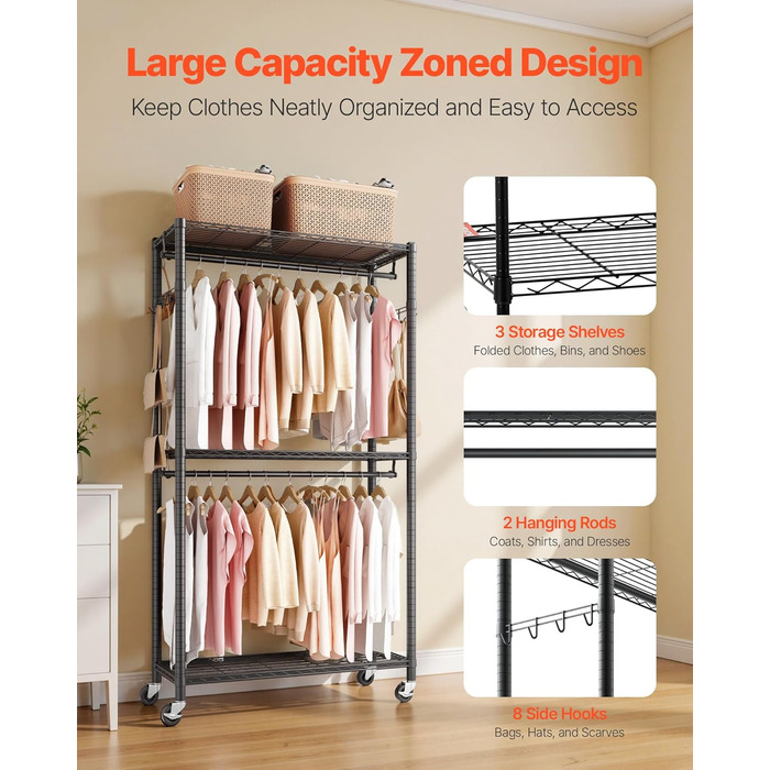 Вешалка для одягу VEVOR з 4 перекладинами, 8 гачками та 385,5 кг вантажопідйомністю, відкрита шафа для одягу, 3 полиці