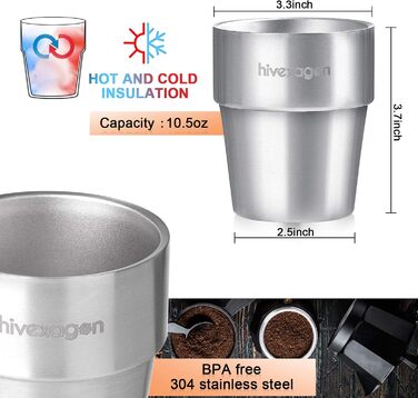 Hivexagon 300ml Set of 8 Double-Walled Stainless Steel Cups - Ideal for Cold Drinks - Dishwasher Safe HG298