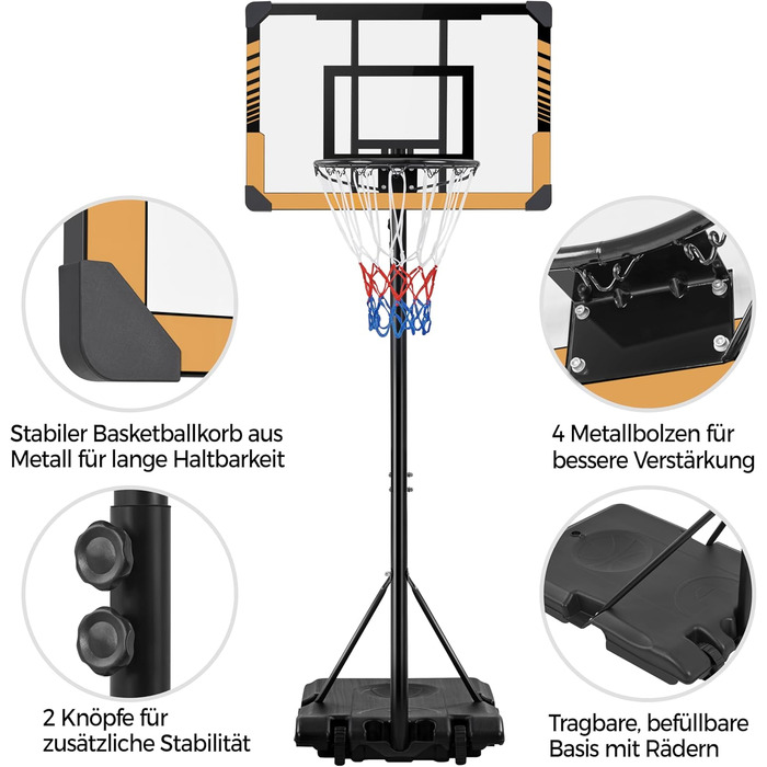 Yaheetech Adjustable Height Basketball Stand with Wheels - Mobile Basketball Hoop, Water/Sand Fillable, Indoor/Outdoor Basketball System - 226.5cm - 256.5cm