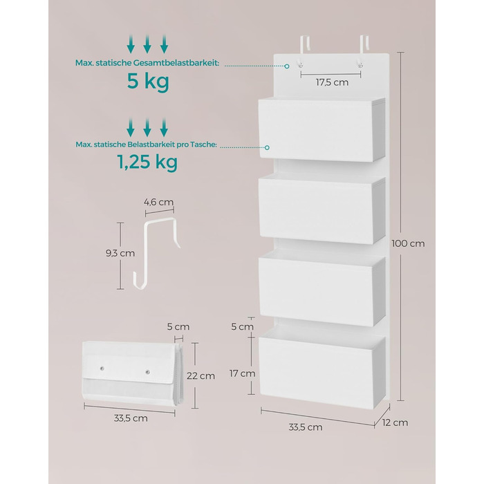 Органайзер для шафи SONGMICS з 4 кишенями, підвісна полиця, органайзер для шафи, підвісне зберігання, органайзер для дверей, спальня, вітальня, 2 x 33,5 x 00 см, RDH04G (1, Хмарний білий)