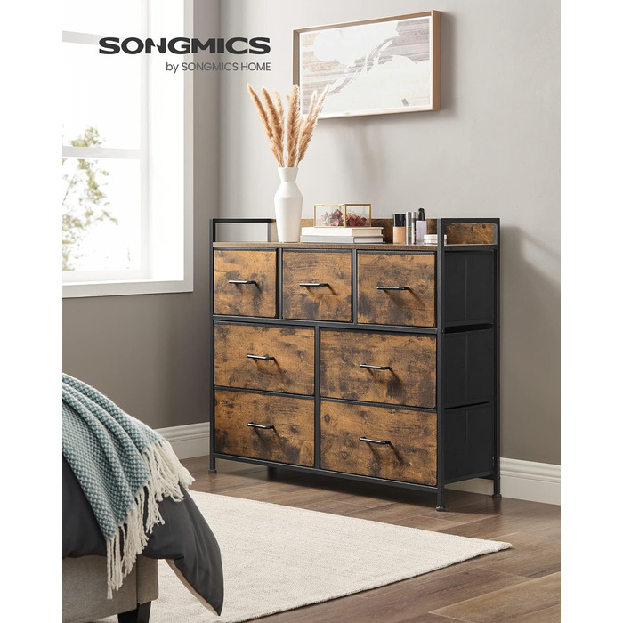 SONGMICS Chest of Drawers, Cabinet, 7 Fabric Drawers with Handles, Metal Frame, Industrial Design, Vintage Brown-Ink Black LTS137B01