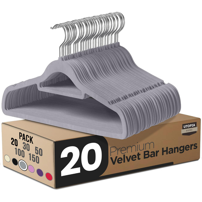 Плечики для одягу Utopia Home з оксамиту - антиковзаючі, міцні, з кріпленням для краваток (20 шт., сірий)