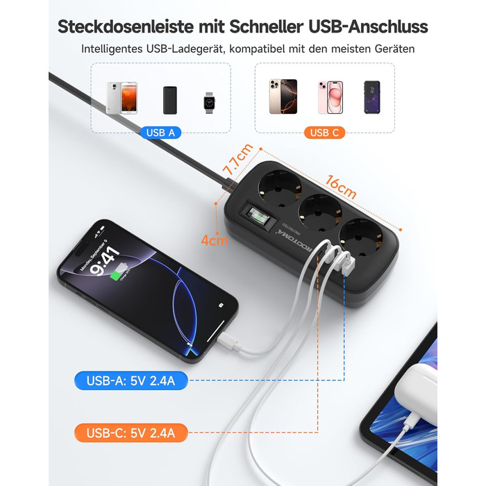 Многорозеткова станція з захистом від перенапруги, 3 розетки, 4 USB (2 USB-C), вимикач, кабель 1,5м, для дому/офісу, білий/чорний