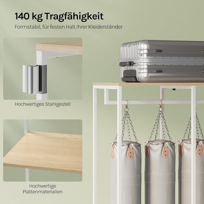 Вільна вішалка для одягу WOLTU з полицею, для спальні/коридору, стабільна, з дерева та металу, білий + світлий дуб