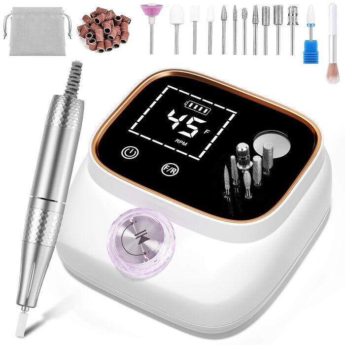 Електрична нігтьова пилка професійна 45000 об/хв з LCD-дисплеєм для гелю та акрилу, з фіксацією біт, набір для манікюру та педикюру, білий