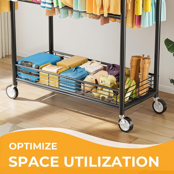 Стійка для одягу Bomclap з великою вантажопідйомністю, з колесами, висувна, з 3 перекладинами, 8 гачками та полицею, міцна, до 160 кг (чорна)