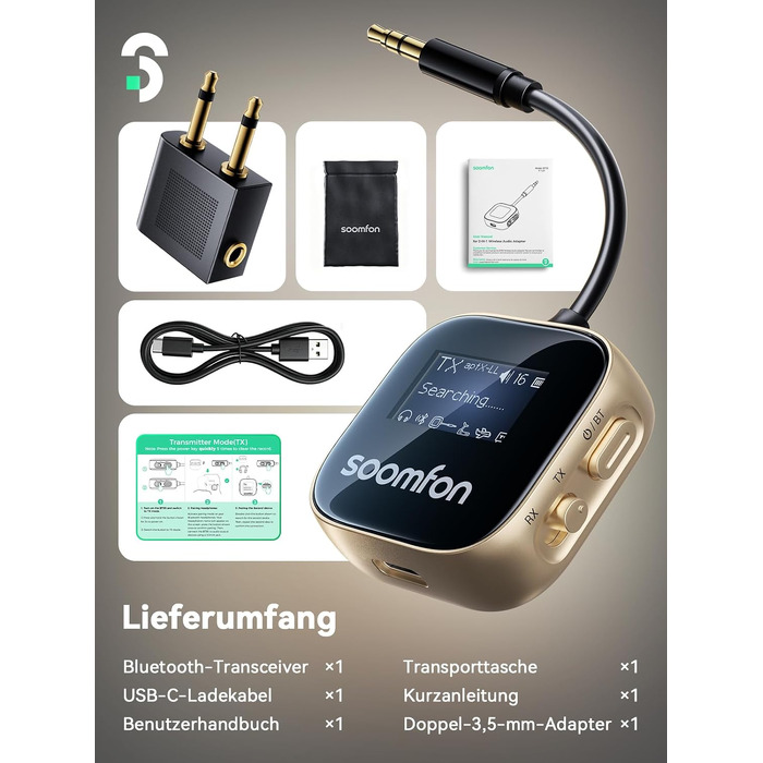 Bluetooth адаптер SOOMFON 2-в-1 (передавач та приймач) з підтримкою aptX для літака та аудіосистем