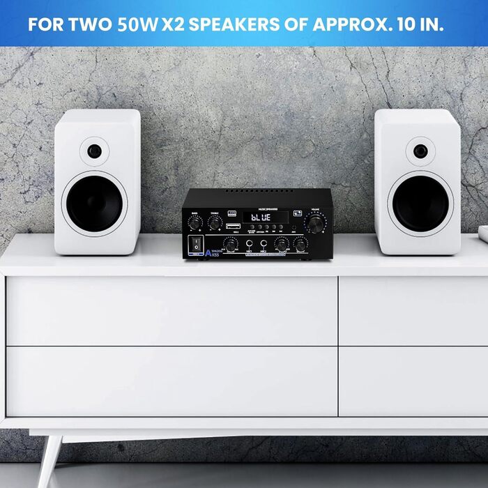AK55 HiFi стерео підсилювач 2-канальний, 1000 Вт Bluetooth 5.3, 50+50 Вт, для 8-дюймових домашніх колонок, бас/требл, AUX, FM, мікрофон, USB