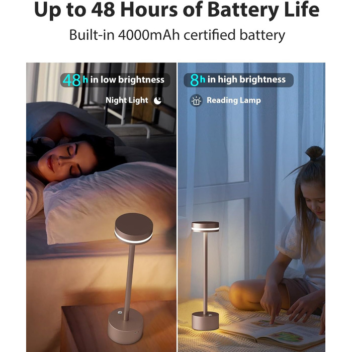 Настільна акумуляторна LED лампа бездротова 2 шт, сенсорний вимикач, алюмінієвий корпус, димування 3 рівні, 4000mAh, тепле світло 3000K, рожеве золото